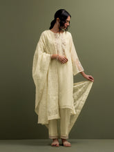 Yellow Mul Chanderi high low Kurta, pant and dupatta set