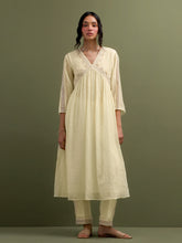 Yellow Mul Chanderi gather Kurta, pant and dupatta set with cotton sleeveless inner kurta