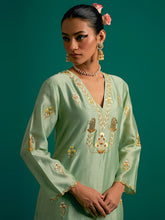 Green V neck hand embroidered silk chanderi kurta set  with light pink chanderi dupatta