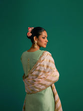 Green V neck hand embroidered silk chanderi kurta set  with light pink chanderi dupatta