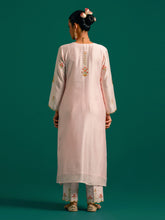 Pink V neck hand embroidered silk chanderi kurta set with green chanderi dupatta