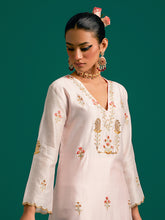 Pink V neck hand embroidered silk chanderi kurta set with green chanderi dupatta