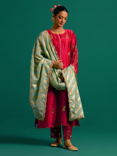 Red hand embroidered silk chanderi kurta set with green chanderi dupatta