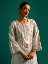 Off White hand embroidered silk chanderi kurta set with dark pink dupatta