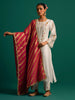 Off White hand embroidered silk chanderi kurta set with dark pink dupatta