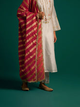 Off White hand embroidered silk chanderi kurta set with dark pink dupatta