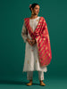 Off White hand embroidered silk chanderi kurta and pant Set with dark pink chanderi dupatta