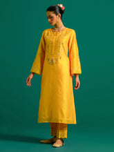 Yellow hand embroidered silk chanderi kurta set with wine chanderi dupatta