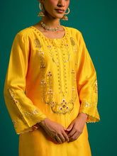 Yellow hand embroidered silk chanderi kurta set with wine chanderi dupatta