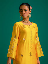 Yellow hand embroidered silk chanderi kurta set with wine chanderi dupatta