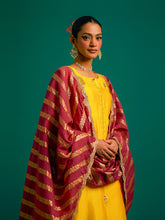 Yellow hand embroidered silk chanderi kurta set with wine chanderi dupatta