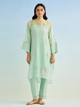 Green high low golden striped patch kurta with pant