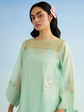 Green high low golden striped patch kurta with pant