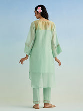 Green high low golden striped patch kurta with pant