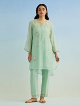 Green high low kurta with pant and dupatta