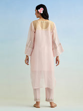 Pink high low golden striped patch kurta with pant