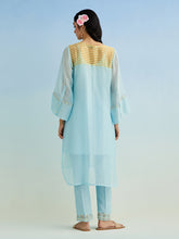 Blue high low golden striped patch kurta with pant
