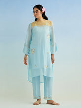 Blue high low golden striped patch kurta with pant
