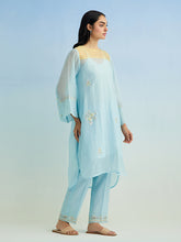 Blue golden striped patch kurta with pant and dupatta