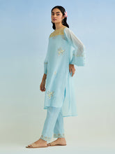 Blue high low golden striped patch kurta with pant