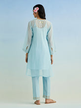 Blue high low round hem kurta with pant and yellow dupatta