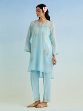Blue high low round hem kurta with pant and yellow dupatta