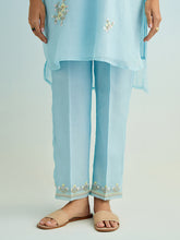 Blue high low round hem kurta with pant and yellow dupatta