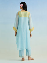 Blue golden striped sleeves kurta with pant and dupatta