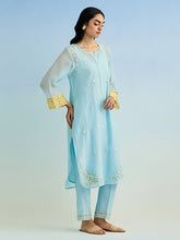 Blue golden striped sleeves kurta with pant and dupatta
