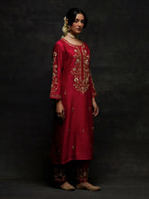 Red embroidered placket kurta set