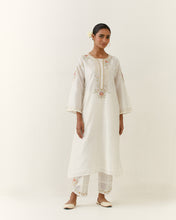 Off White hand embroidered silk chanderi kurta with placket