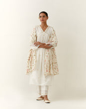 Off White hand embroidered silk chanderi kurta with gathers