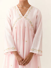 Light Pink hand embroidered silk chanderi kurta with gathers