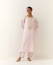 Light Pink hand embroidered silk chanderi kurta with placket