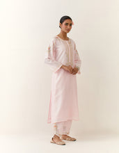 Light Pink hand embroidered silk chanderi kurta with placket