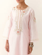Light Pink hand embroidered silk chanderi kurta with placket