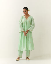 Green hand embroidered silk chanderi kurta with gathers