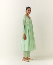 Green hand embroidered silk chanderi kurta with gathers