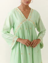 Green hand embroidered silk chanderi kurta with gathers