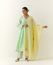 Green hand embroidered silk chanderi kurta with gathers
