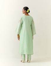 Green hand embroidered silk chanderi kurta with placket