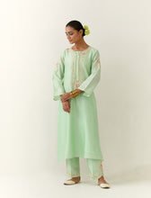 Green hand embroidered silk chanderi kurta with placket
