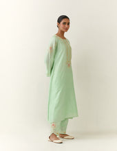 Green hand embroidered silk chanderi kurta with placket