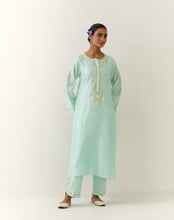 Mint hand embroidered silk chanderi kurta with placket