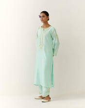Mint hand embroidered silk chanderi kurta with placket