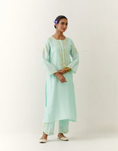 Mint hand embroidered silk chanderi kurta with placket