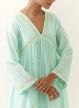 Mint hand embroidered silk chanderi kurta with gathers