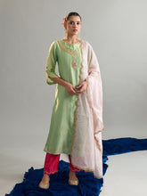 Green floral round neck kurta set with dupatta