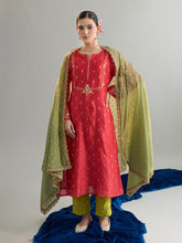 Red zari motifs yoke kurta set with dupatta