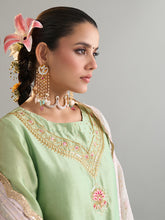 Green floral round neck kurta set with dupatta